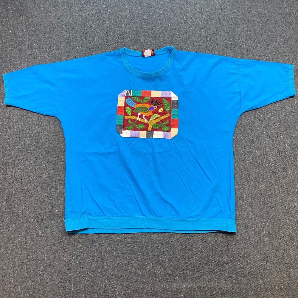 Sunbelt Sportswear Shirt Sz OS Womens Blue Boho Mola Bird Patch Boxy Vintage 90s